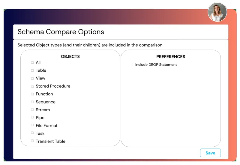 4DAlert schema compare options interface for selecting database objects to compare