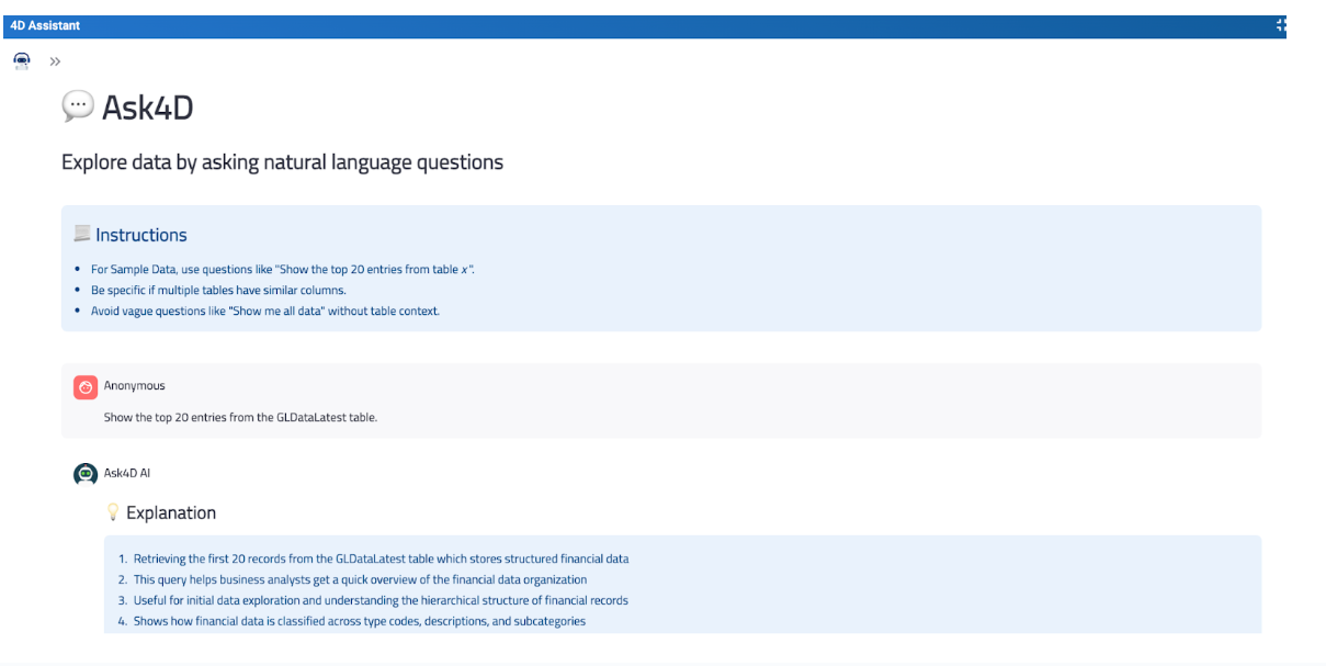 Ask4D AI assistant interface showing natural language queries for Master Data Management, with plain-English answers, contextual understanding, query guidance, and explainable results