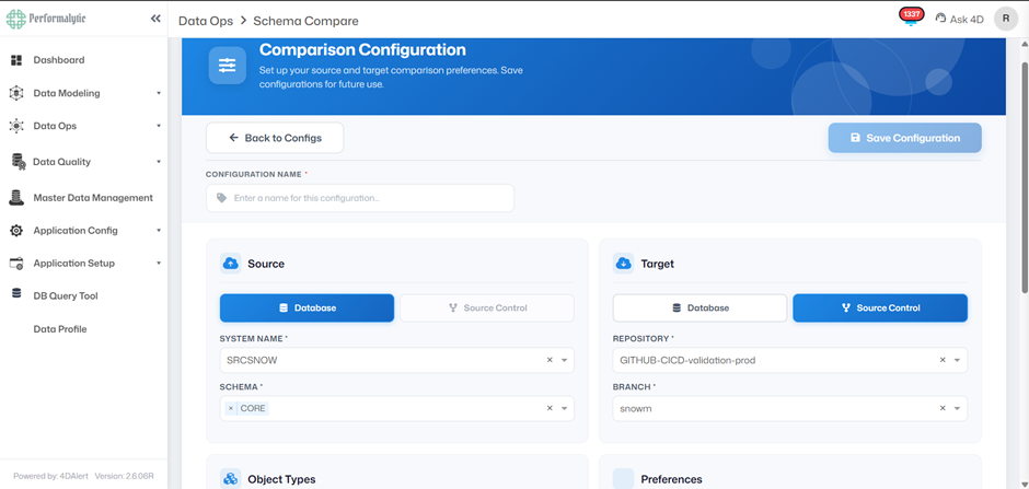 Database-to-database, database-to-source control, and source control-to-database schema comparison workflow for automated CI/CD deployments.