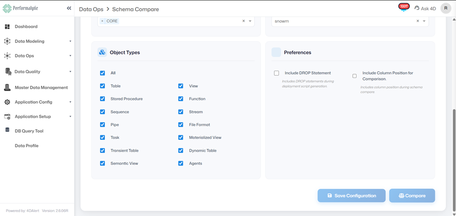 Database schema comparison supporting tables, views, stored procedures, functions, tasks, streams, materialized views, and dynamic tables.