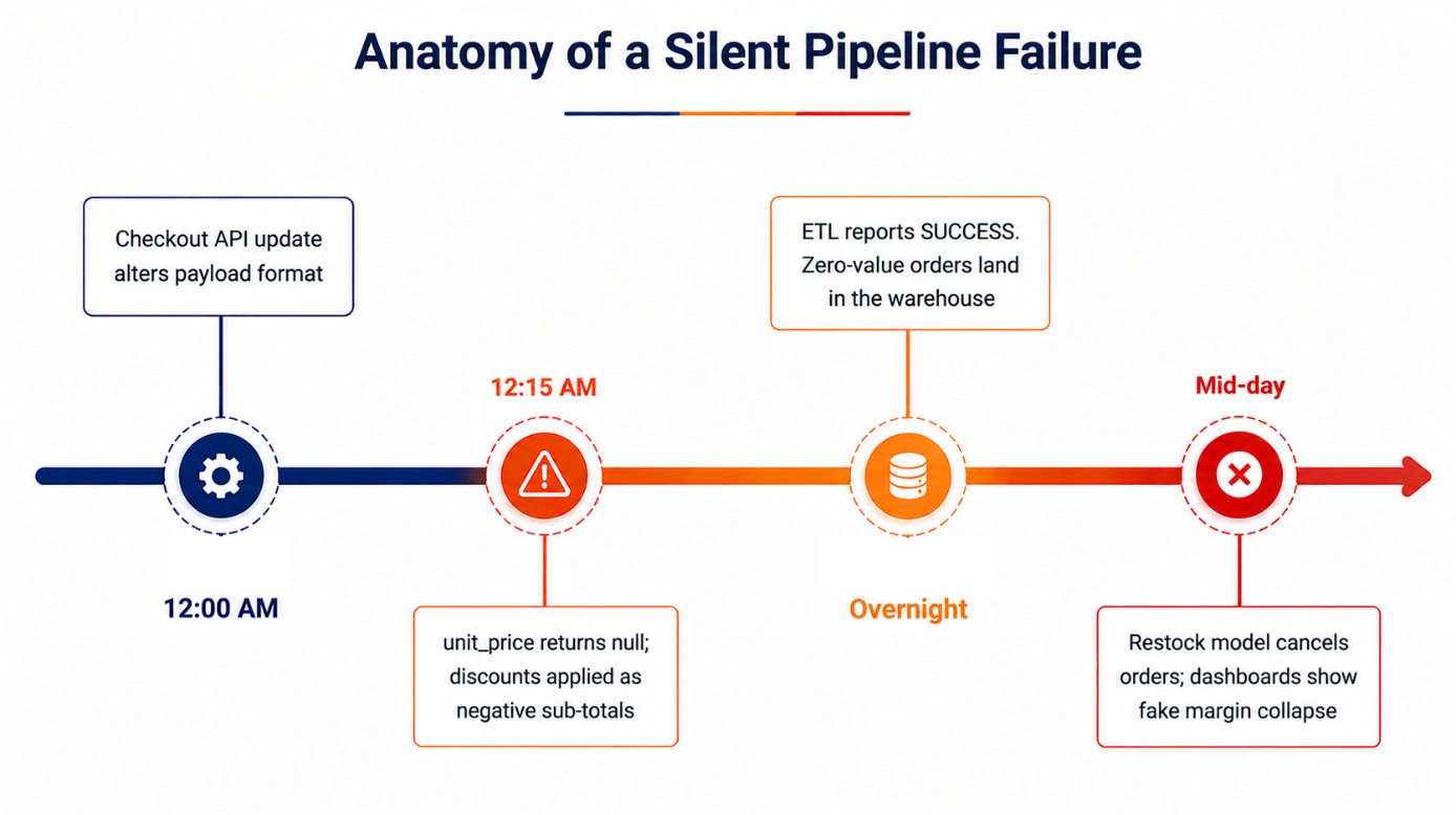 Timeline of a silent pipeline failure: 12:00 AM checkout API update alters payload format, 12:15 AM unit_price returns null and discounts applied as negative sub-totals, overnight ETL reports success while zero-value orders land in the warehouse, and by mid-day the restock model cancels orders and dashboards show a fake margin collapse.